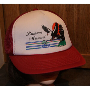 Vintage Red Trucker Hat Tourist Snap Back Mesh Rope Branson Missouri Eagle